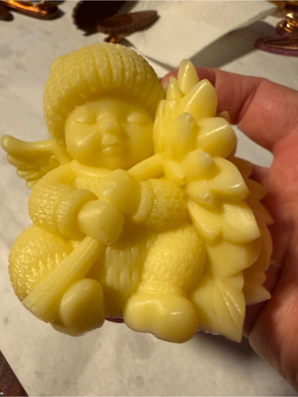 Yellow Angel baby with angel wings and a giant Sunflower Figurine